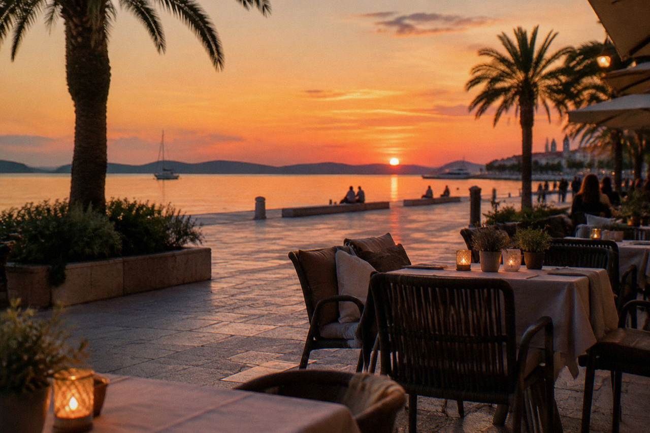 Outdoor restaurant tables on a stone square in Split in the evening