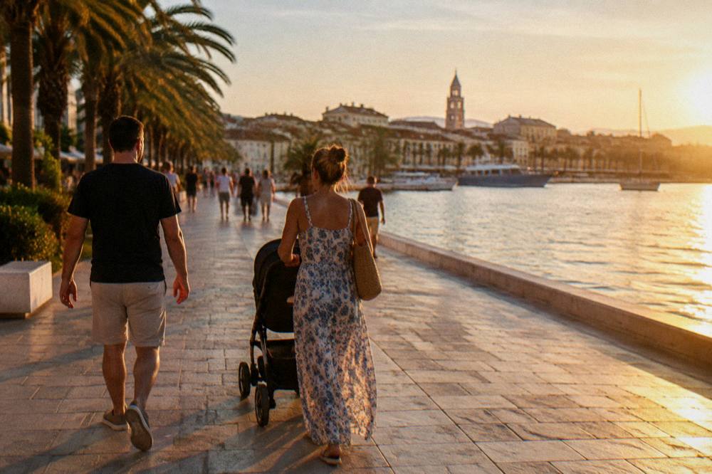 Family walking with a pushchair on the Split Riva waterfront promenade