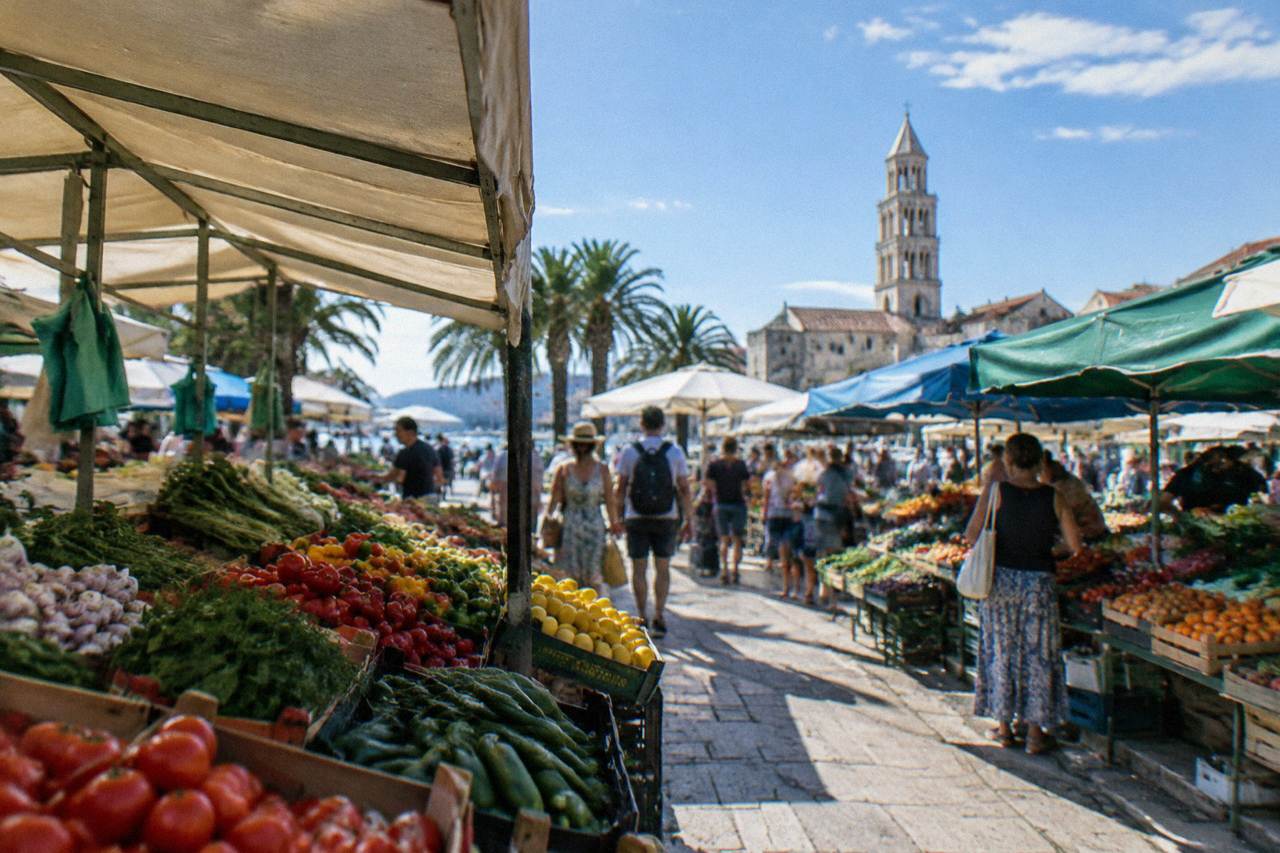A busy outdoor market street in Split with fruit and vegetable stalls under awnings