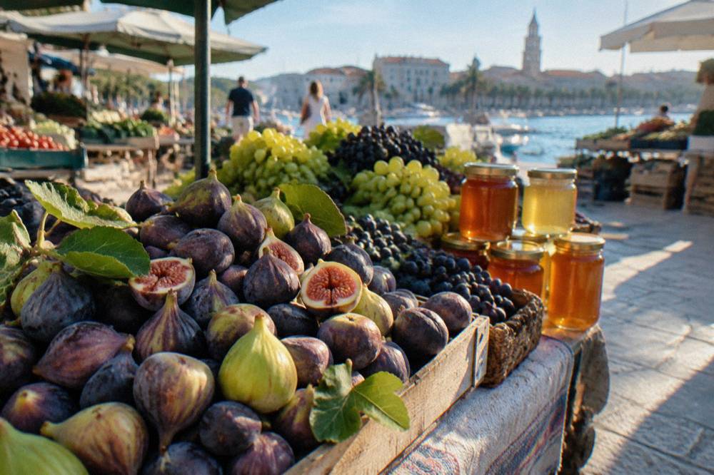 Close view of a Dalmatian market stall with figs, grapes and jars of honey