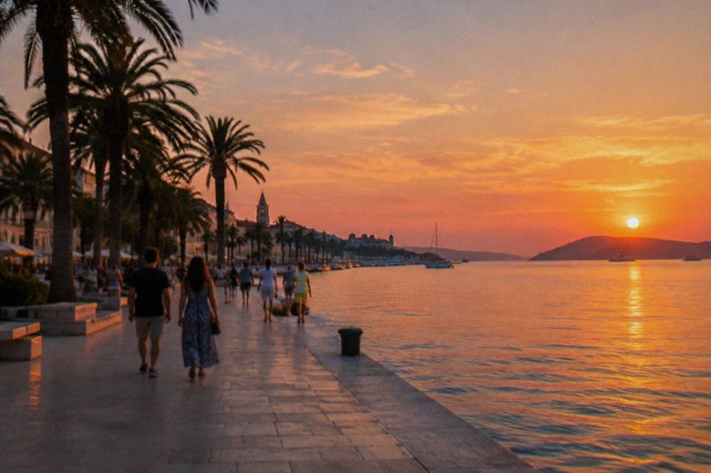 Split waterfront promenade in warm evening light with palm trees and people strolling
