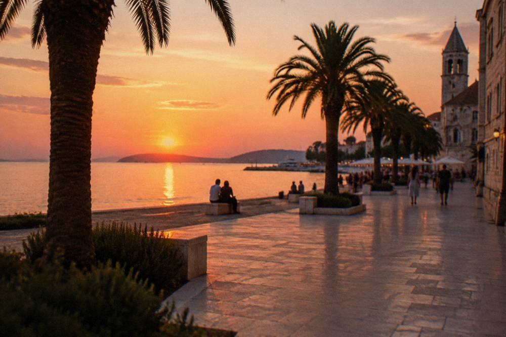 Warm evening light on the stone pavement of a square in the old centre of Split