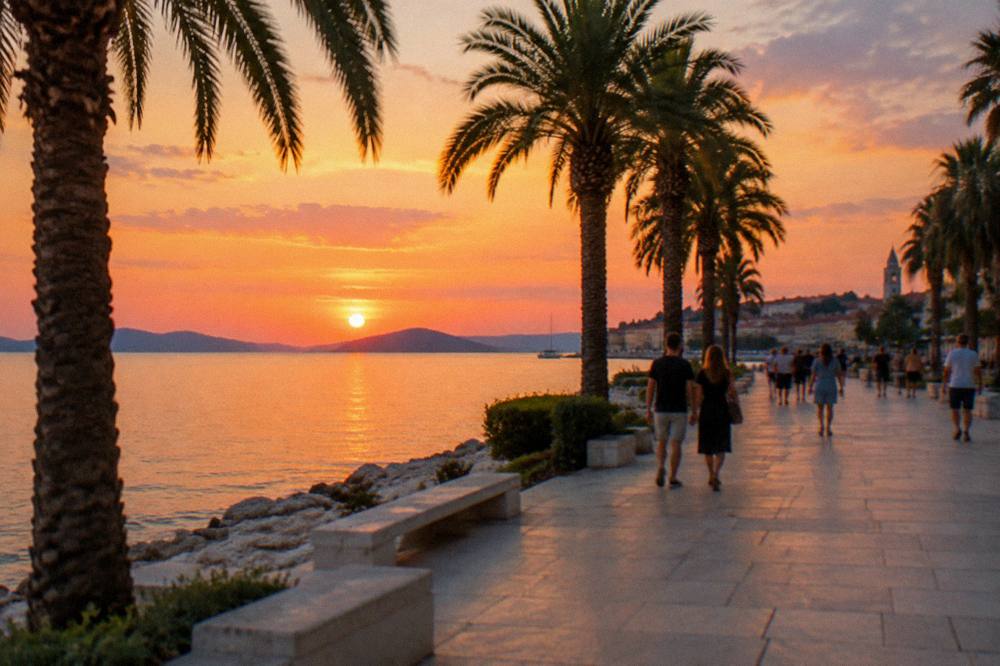 People walking on a wide seaside promenade lined with palm trees in warm evening light