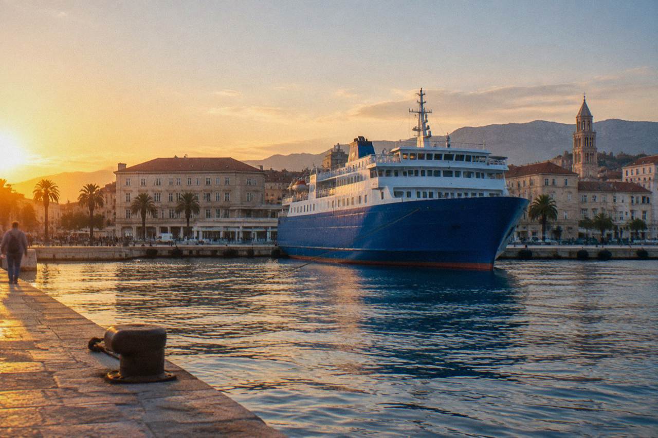 A large blue ferry moored at the Split waterfront with the ferry port buildings behind it