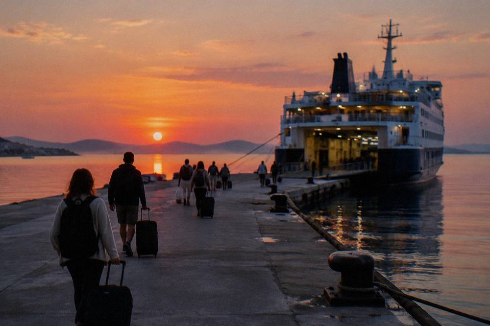Passengers with suitcases walking along the quay toward a moored overnight ferry at dusk