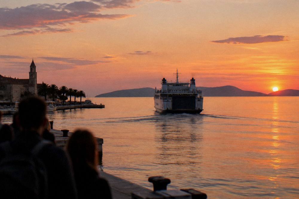 A ferry departing Split harbour at sunset with the Dalmatian islands on the horizon