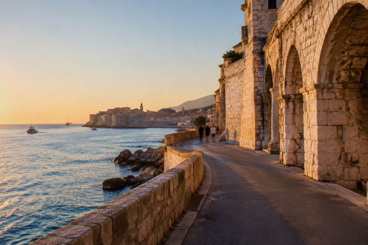 Coastal road winding along the Adriatic Sea toward a distant walled town on a clear day