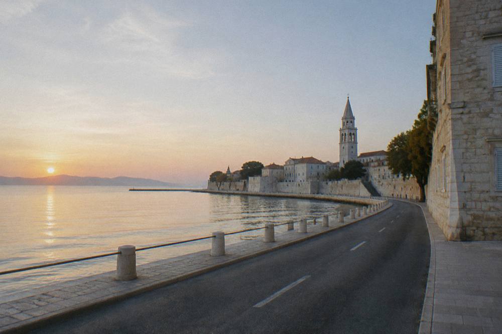 Empty coastal highway in early autumn with calm sea and soft light on the horizon