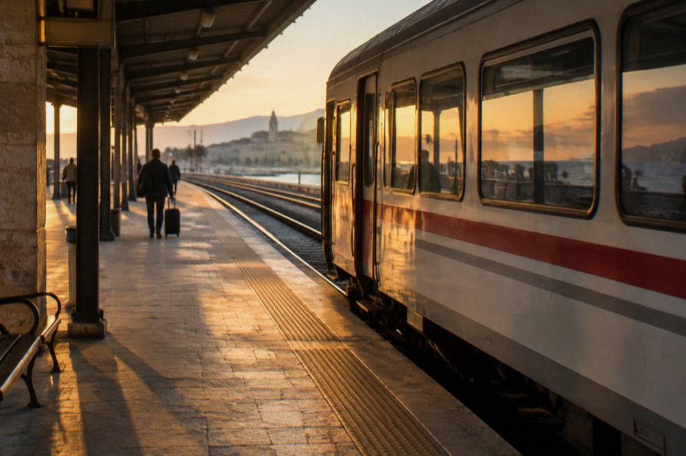 A passenger train waiting at a platform under a station roof in Croatia