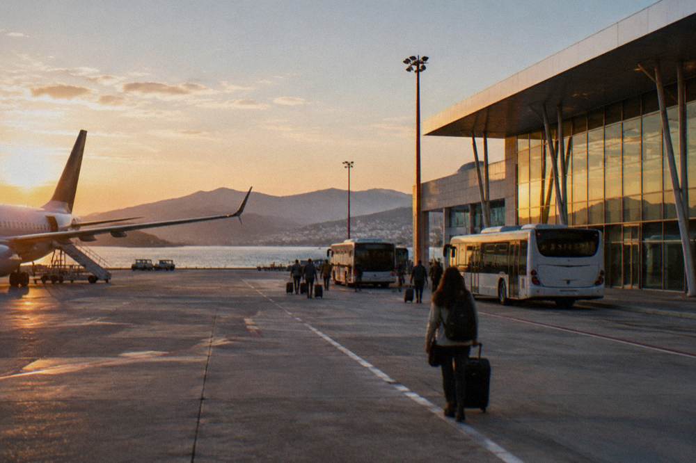 Buses and a modern terminal building at a coastal airport in the afternoon