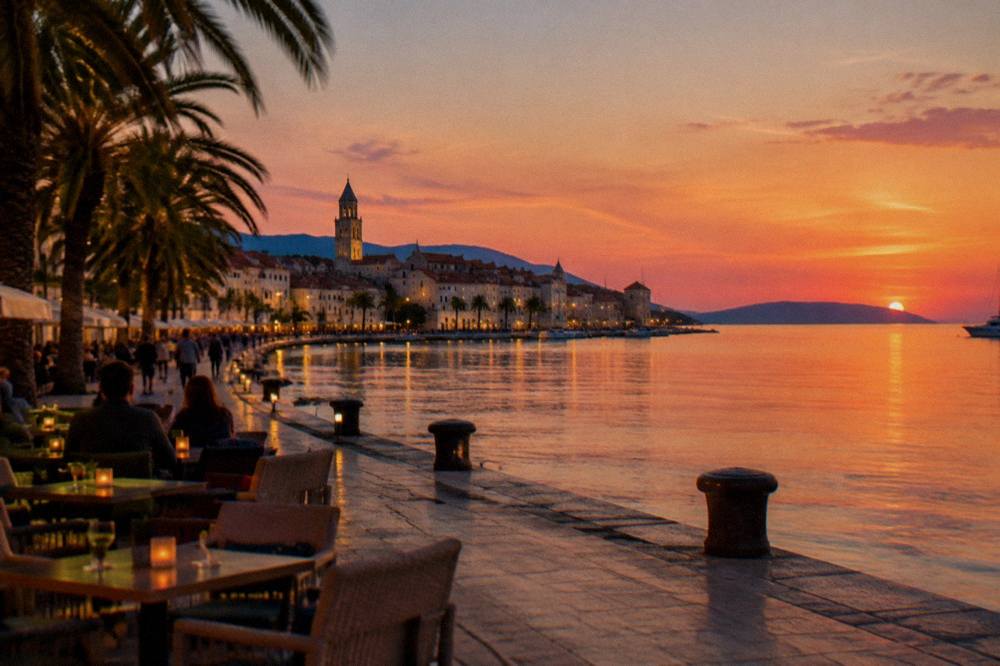 Evening lights across a Dalmatian old town with outdoor cafe tables