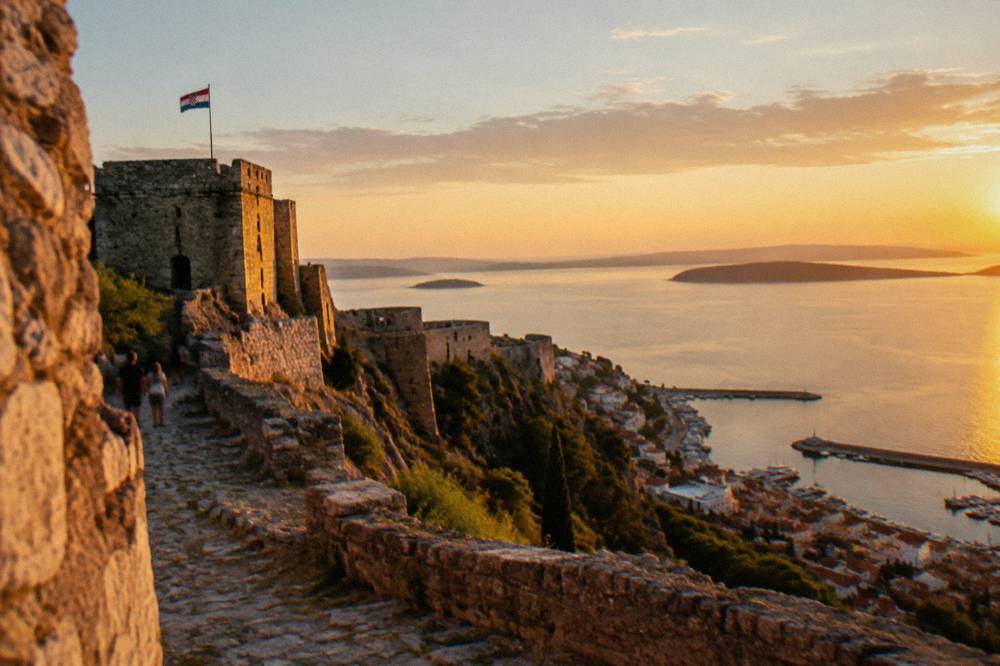 A stone fortress on a hill above a harbour with small islands in the distance