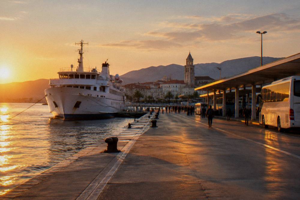 A passenger ferry docked at a port with a bus station beside the water