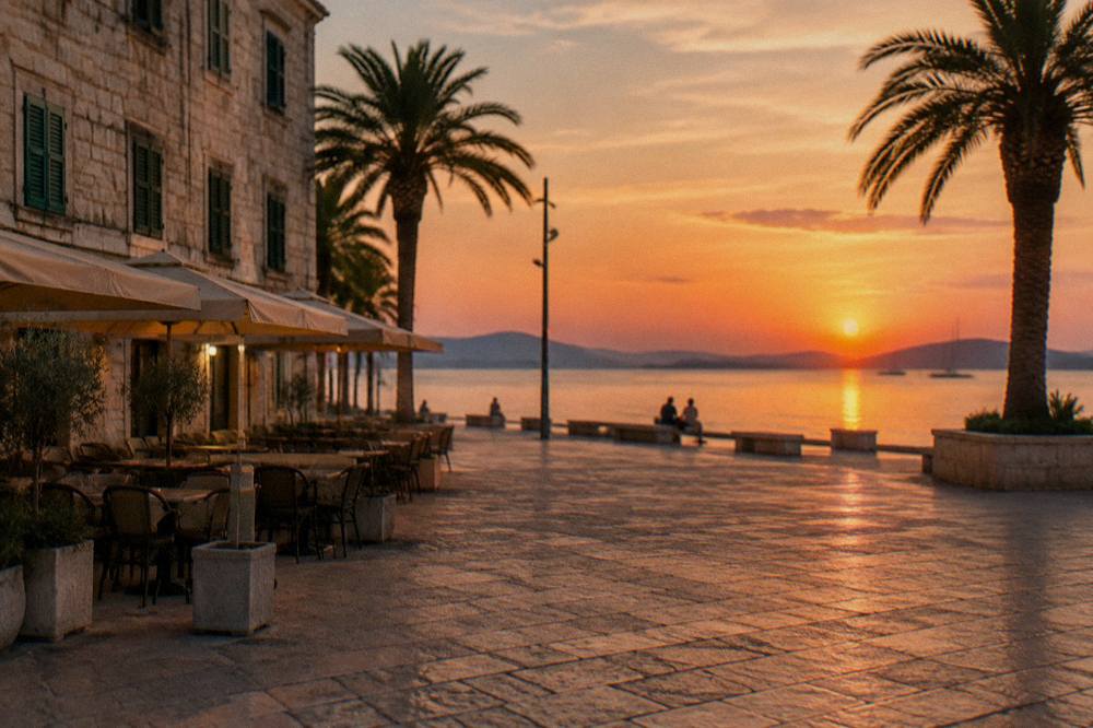 An empty stone square in evening light with cafe tables and shutters