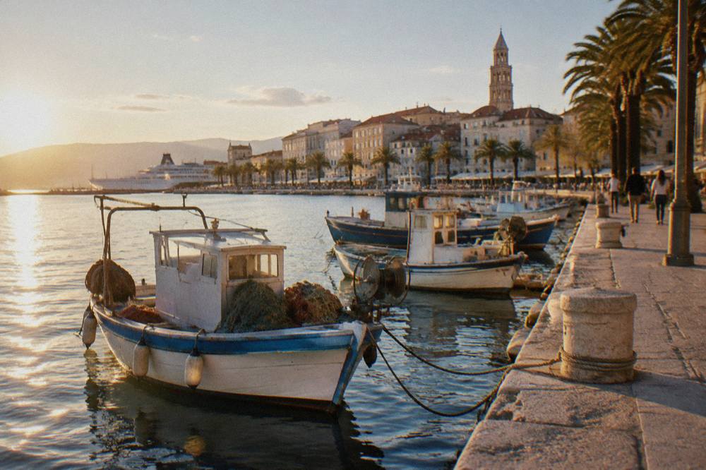 Fishing boats and stone quays along the waterfront in an old Dalmatian coastal town at golden hour