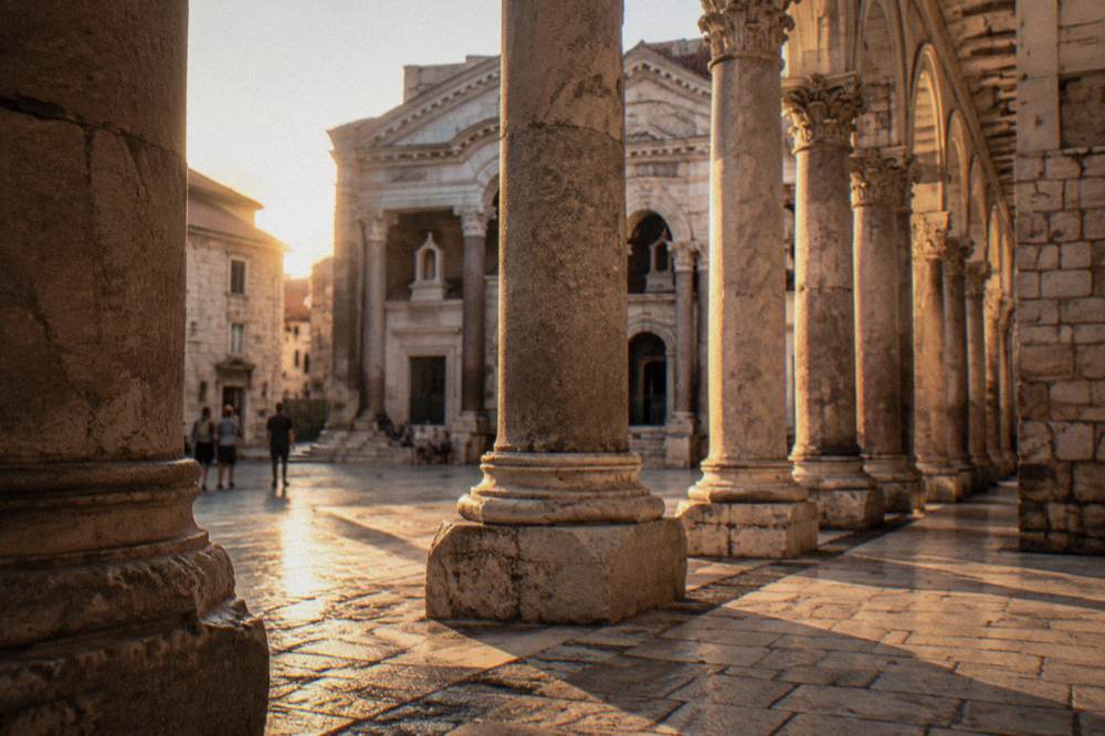 Sunlight falling on the colonnaded Peristyle square inside Diocletian's Palace in Split