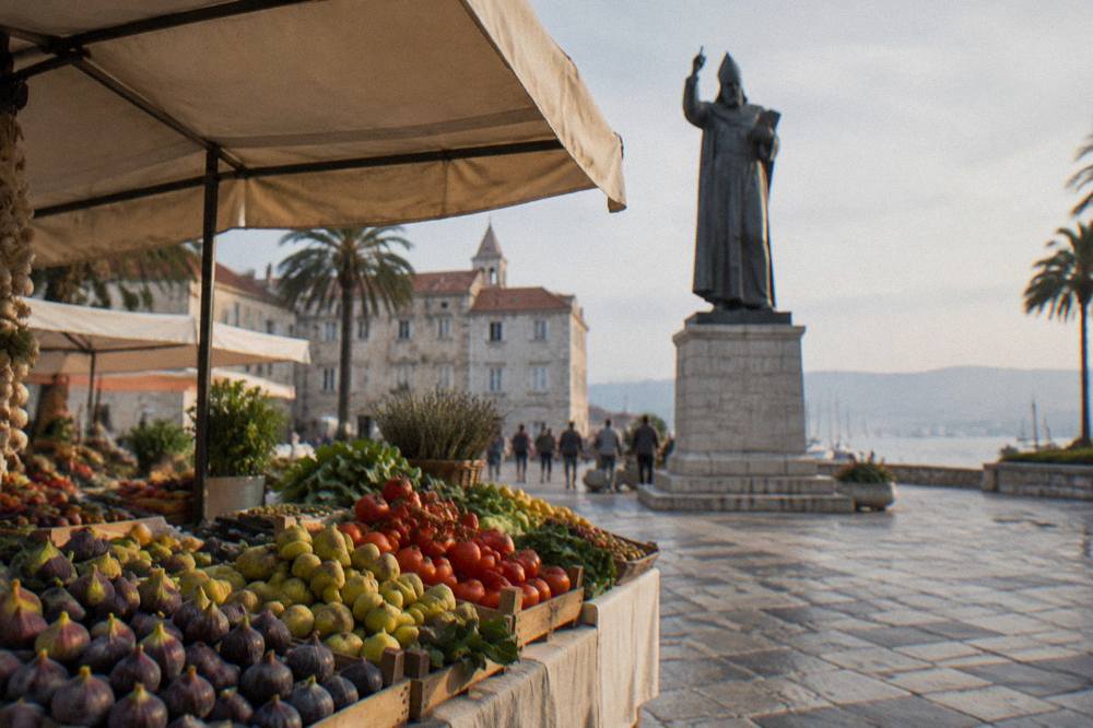 A market stall with fresh figs, tomatoes and local produce under a canvas awning in Split
