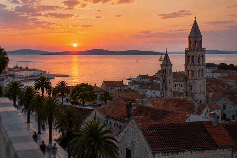 An evening view over red rooftops and church towers in a Dalmatian old town towards the sea
