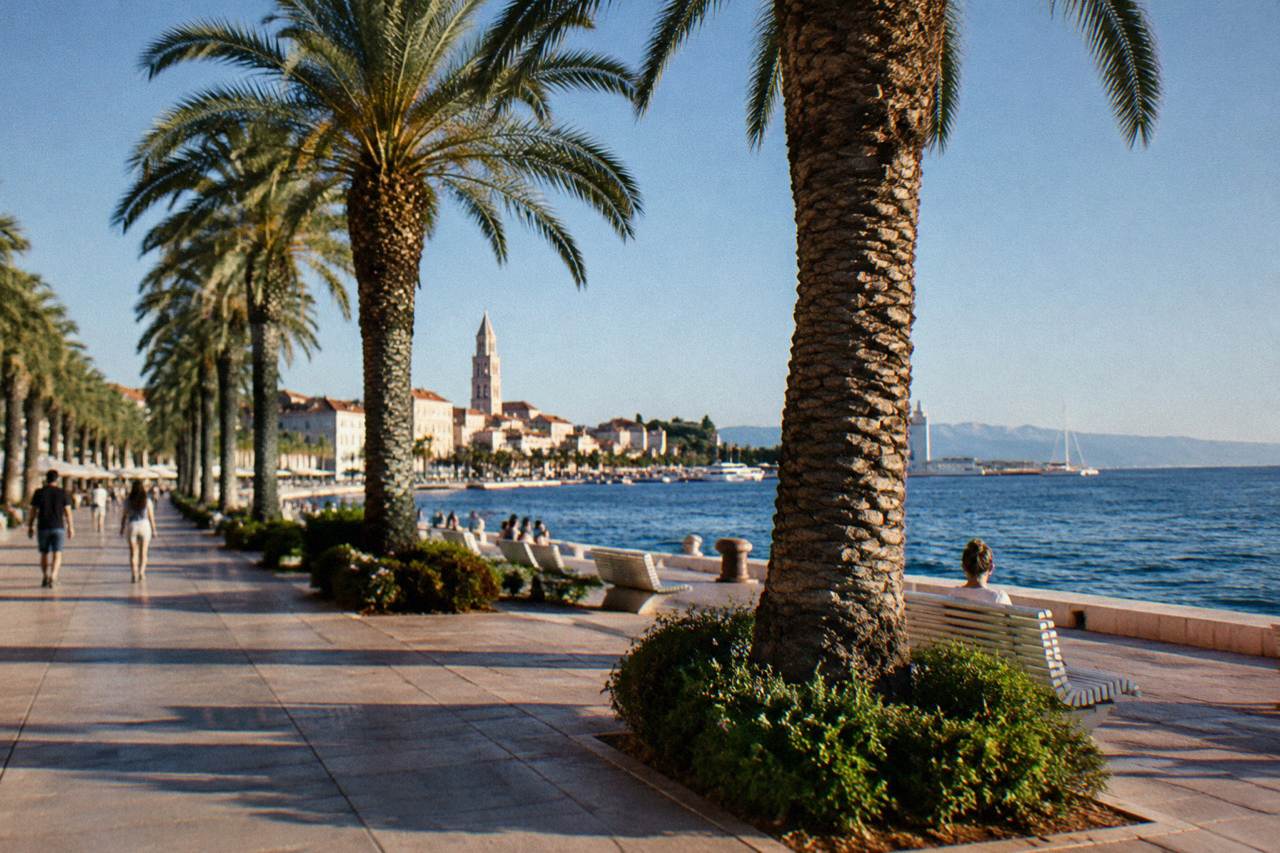 The Riva promenade in Split under a clear sky with palm trees and the Adriatic sea beyond