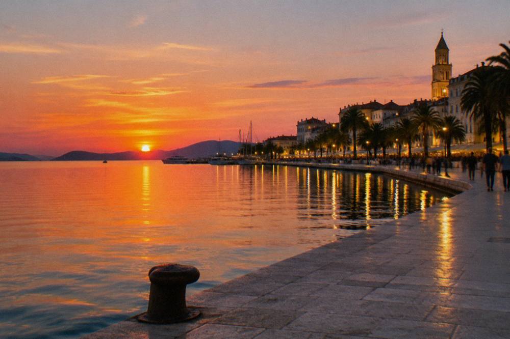 Evening lights reflecting on the sea along the Riva promenade in Split