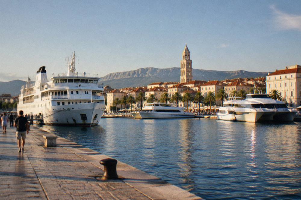 White ferry and catamarans moored at the Split waterfront with the old town behind