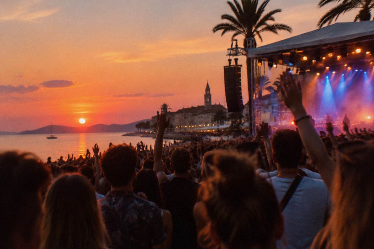 Crowd raising hands toward a festival stage with lights over a summer evening in Split
