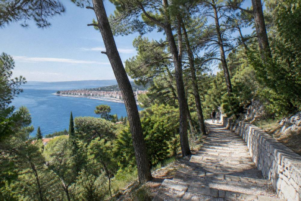 Sunlit park with pine trees and a stone staircase on the Marjan hill above the Adriatic