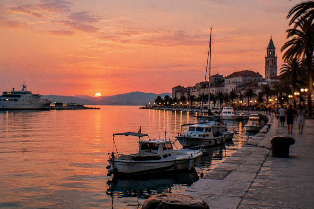 Evening lights along the Riva promenade with boats moored in Split harbour