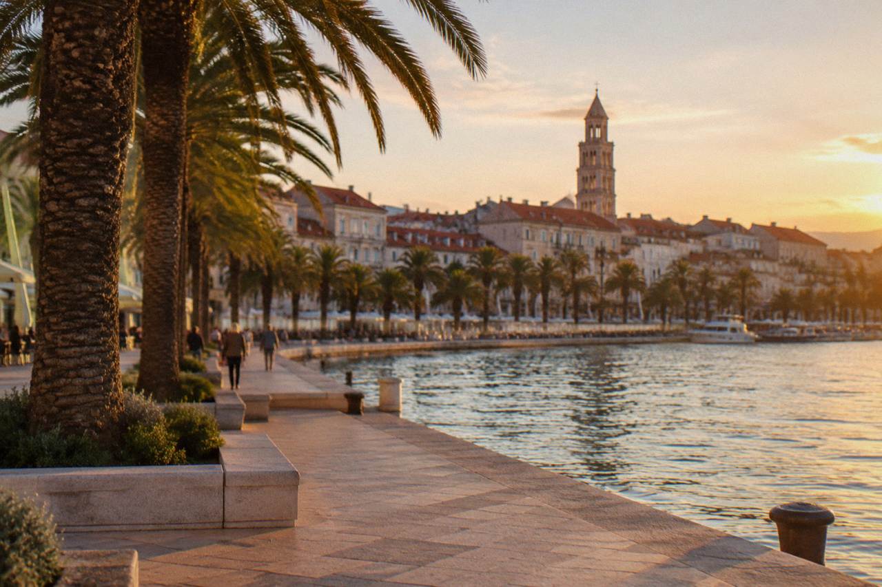 The seafront Riva promenade in Split with palm trees and the palace rooftops behind