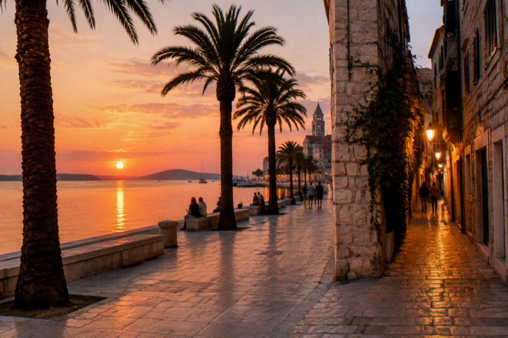 The stone alleyways of the Split Old Town lit warmly in the early evening