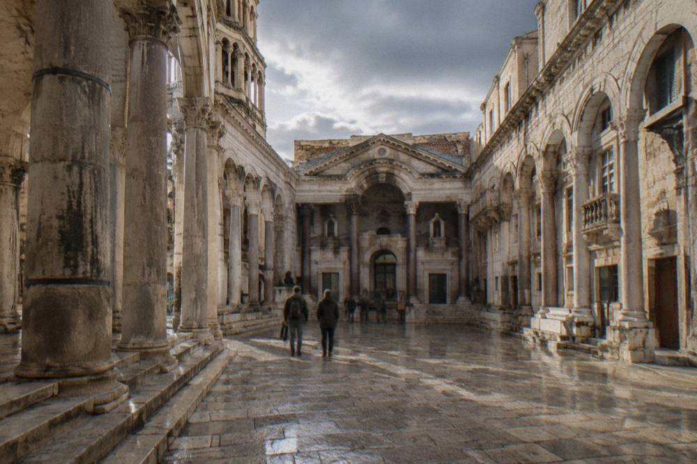 The Peristyle square of Diocletian's Palace under grey rain clouds