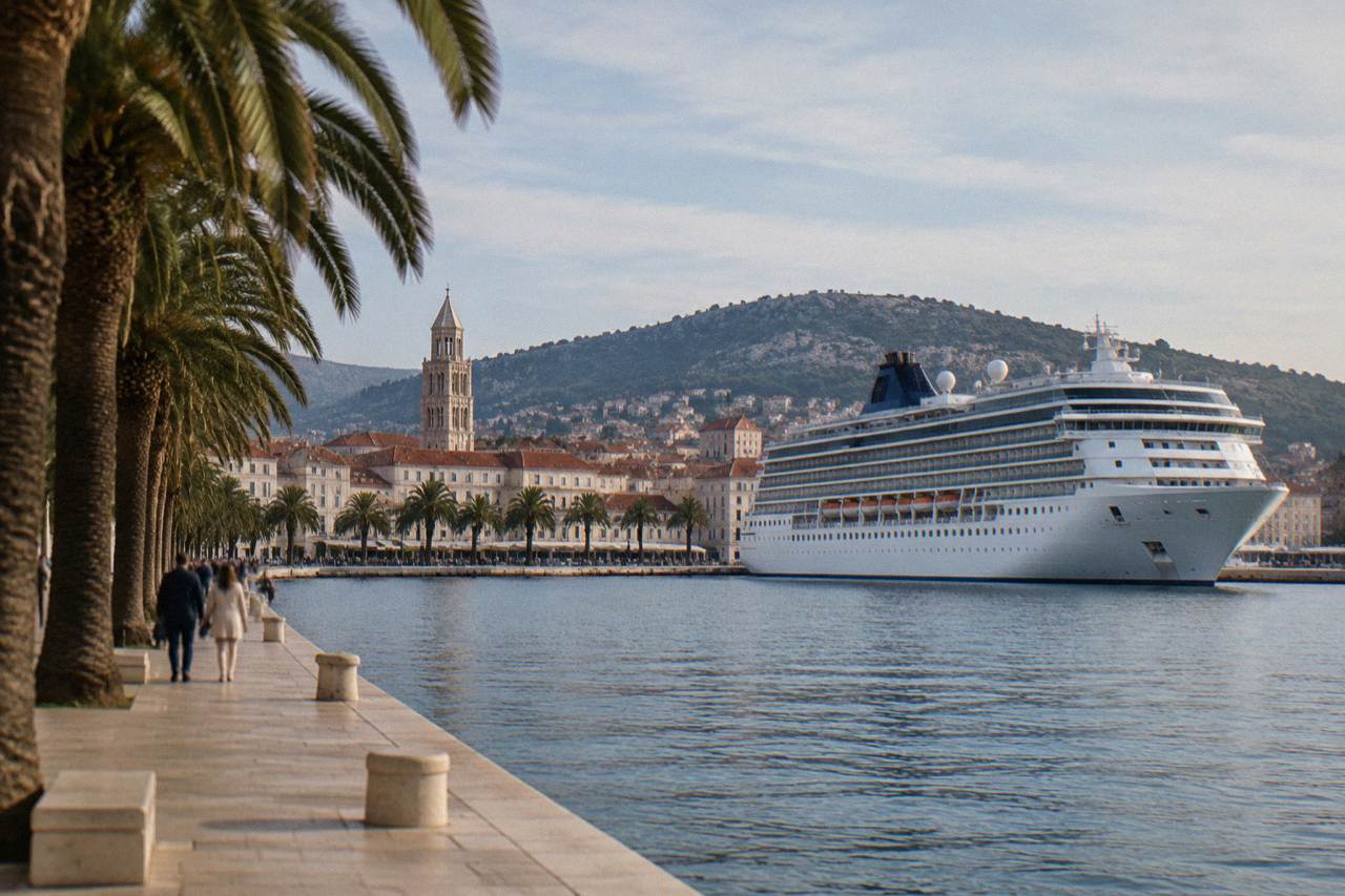 Cruise ship docked at the Split waterfront with the old town rooftops and hills behind