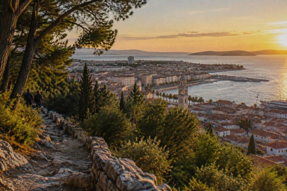 View over Split old town rooftops and the Adriatic islands from a Marjan hill path