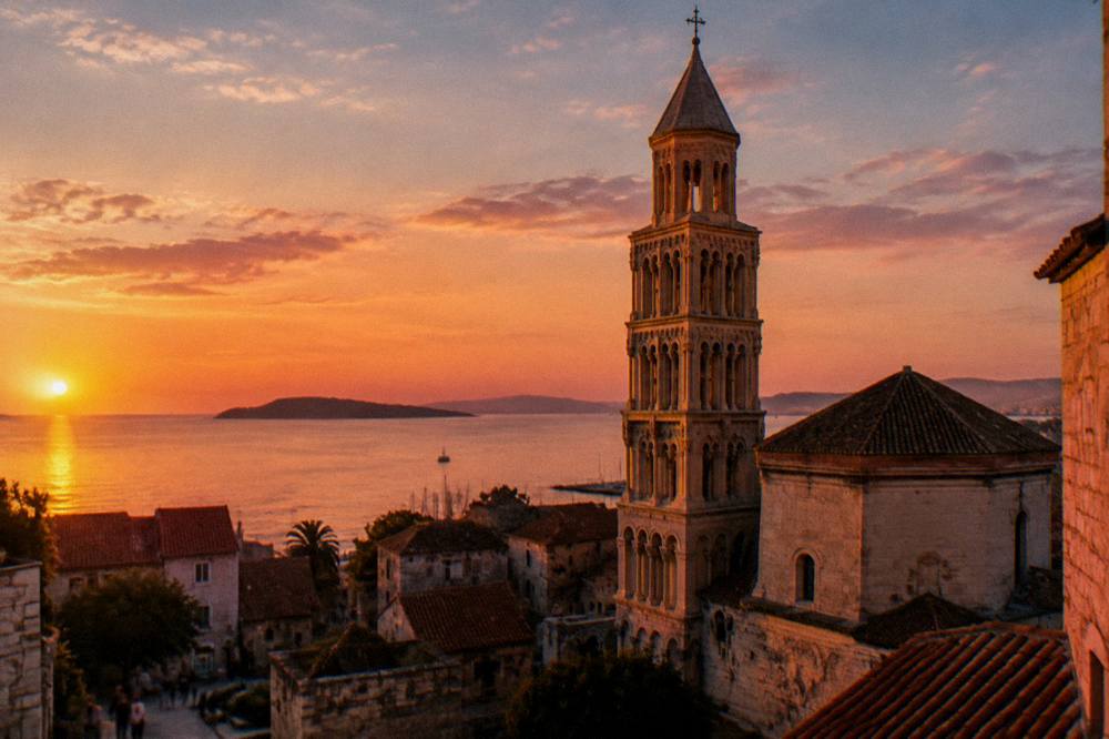 Evening light on the stone facade and bell tower of the cathedral in Split old town