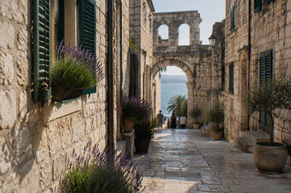 Stone street on a Dalmatian island with lavender and shutters