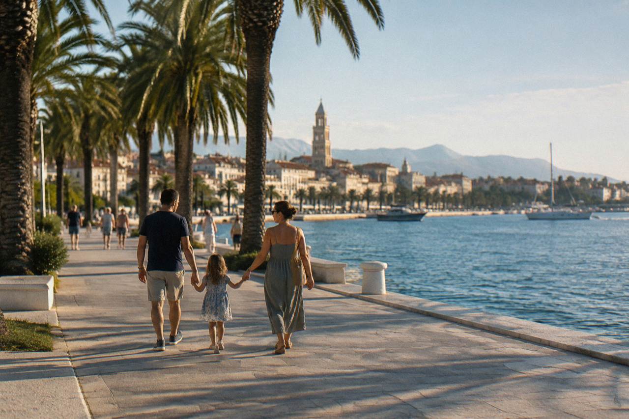 A family walking along the seaside promenade in Split with palm trees and the Adriatic in the background