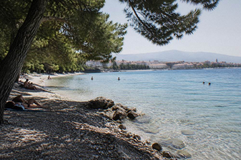 A calm pebble beach with clear shallow water and pine trees near Split